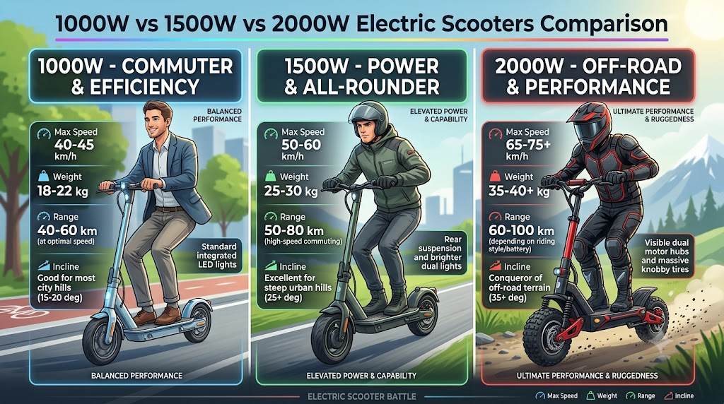 1000W vs 1500W vs 2000W Electric Scooters Comparison