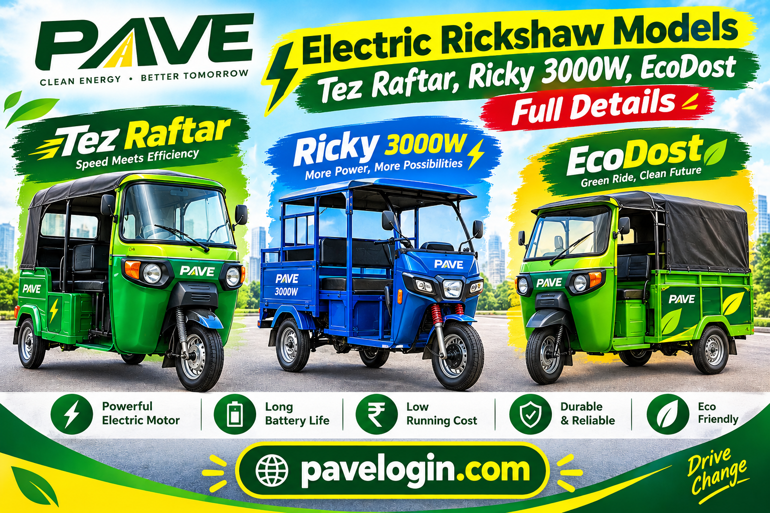Electric Rickshaw Models Tez Raftar, Ricky 3000W, EcoDost